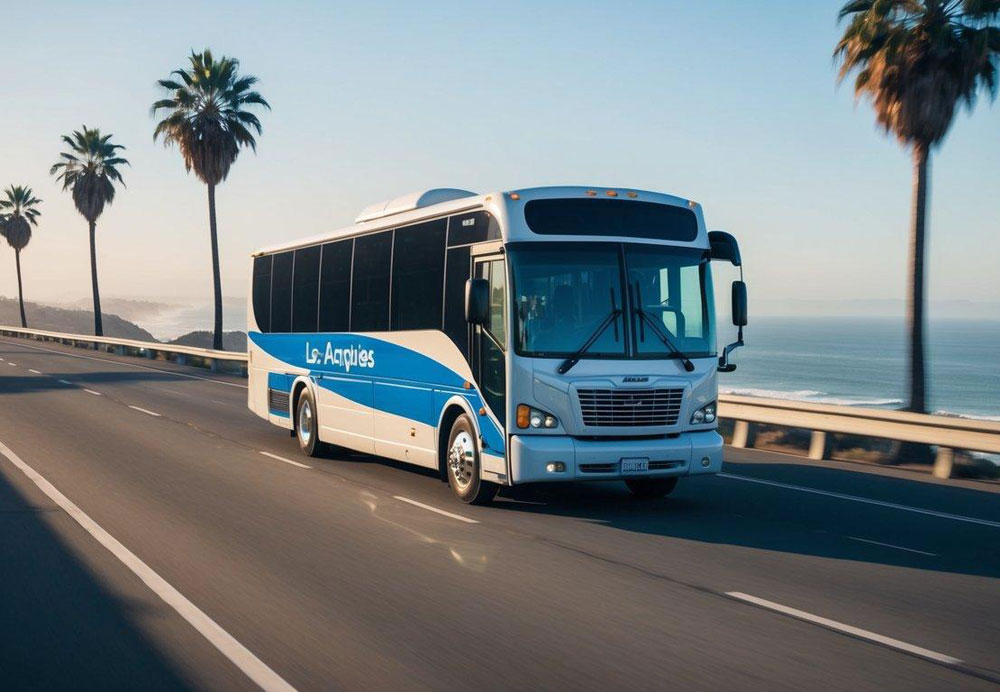 A charter bus driving along the scenic coastal highway from Los Angeles to San Diego, passing by palm trees and ocean views
