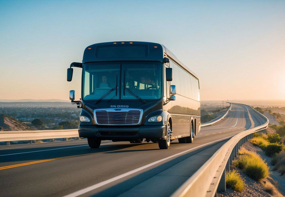 A charter bus traveling from Los Angeles to San Diego on a sunny day, passing through scenic landscapes and highways