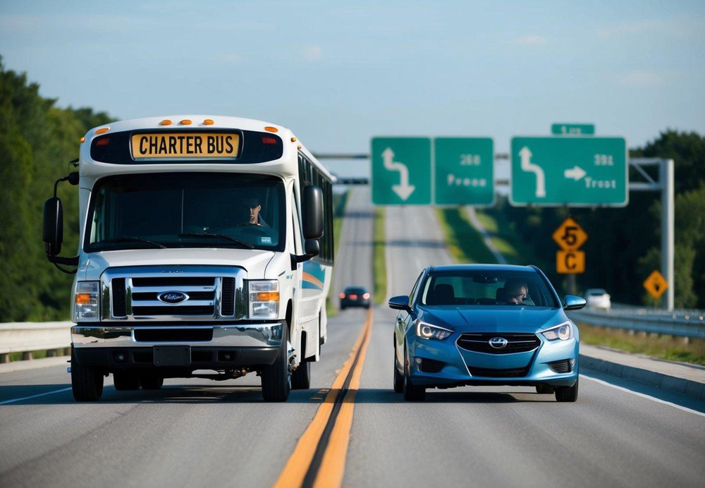 A charter bus and a car driving side by side on a wide, straight highway, with clear road signs and traffic signals in the background